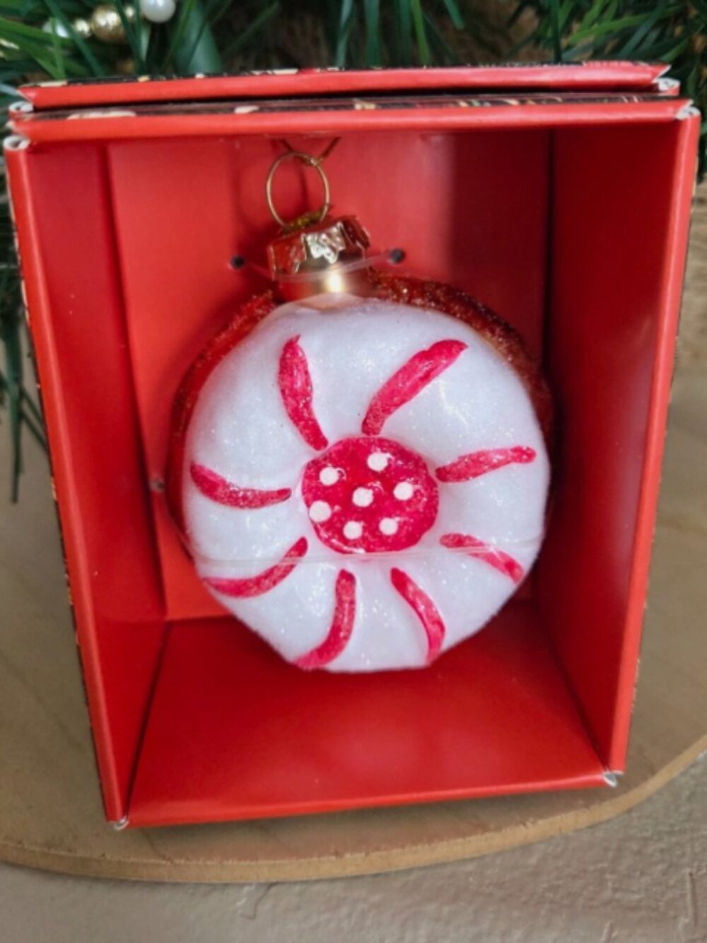 John Derian Red White Cookie Glass Christmas Tree Ornament w/ Box Peppermint